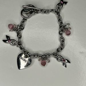 Cookie Lee Silver Tone Breast Cancer Awareness Charm Bracelet Strength Heart